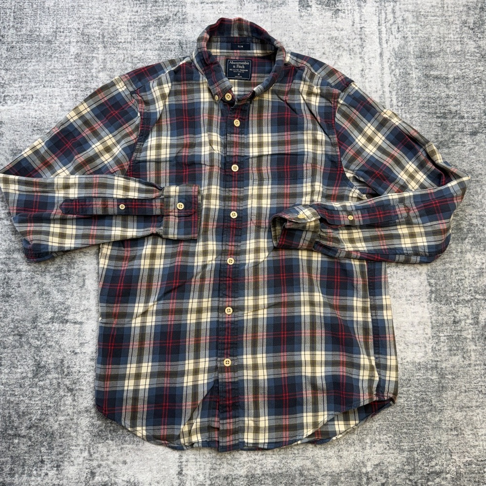 Abercrombie & Fitch Flannel Shirt Mens Medium Slim Blue Tartan Plaid Lightweight